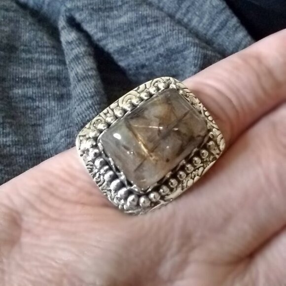 Sz 6.5 ~ Rutilated Quartz Ring! Square Cabochon! SouthWest Vibe! Wide Cigarband - Picture 9 of 10